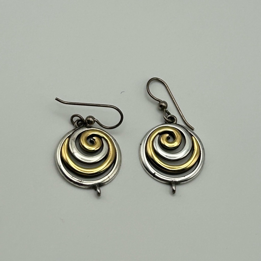 Two-Tone Spiral Earrings Gold Silver Plated 3/4"D Drop French Wire